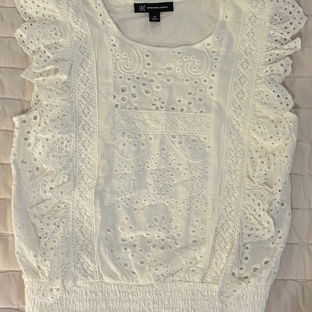 INC International Concepts Women's Cream Eyelet Ruffle Blouse